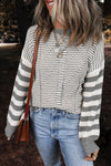 Cozy Women's Gray Striped Drop Shoulder Sweater with Geometric Texture for Effortless Casual Style