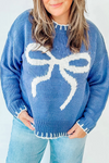 Cozy Plus Size Women's Peacock Blue Sweater with Chic Contrast Trim and Bow Pattern for Trendy Fall Fashion