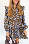 Women's Brown Floral Ruffled Button-Down Dress with Long Sleeves and Shirt Collar for Effortless Everyday Elegance