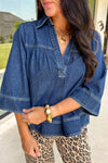Sail Blue Women's Casual Chic Loose Denim Top with Polo Collar, V-Neck, and 3/4 Sleeves for Effortless Style