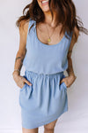 Women's Sky Blue Mineral Wash Tank Dress - Comfy Elastic Waist, Stylish Side Pockets, Perfect for Casual Summer Outings