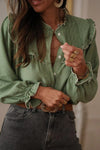 Chic Women's Green Bay Ruffle Trim Long Sleeve Loose Fit Shirt - Stylish Casual Top for Effortless Everyday Elegance