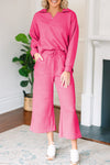 Women's Bonbon Solid Textured V-Neck Collared Top & Wide Leg Pants Set - Chic Casual Outfit in Classic Colors