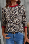 Chic Women's Brown Leopard Print Long Sleeve Blouse with Contrast Trim - Trendy Round Neck Top for Casual Outfits