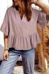 Women's Loose Fit Sepia Rose V-Neck Ruffled Blouse with Side Slit - Chic Top for Casual and Dressy Events