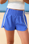 Sky Blue Women's Comfortable Athleisure Shorts with Elastic Waist and Trendy Varsity Stripes for Active Lifestyle