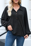 Stylish Women's Black Oversized Ribbed Henley Top with Roll-Up Sleeves and Trendy Twist Detail for Effortless Fashion