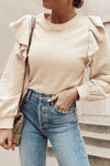 Chic Women's Solid Color Long Sleeve Blouse with Ruffled Shoulders - Versatile Top for Casual and Formal Occasions