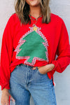 Women's Relaxed Fit Fiery Red Plaid Sweatshirt with Frayed Hem and Christmas Tree Patch for Cozy Holiday Style