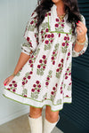 Women's White Floral Frill Dress with V-Neck, 3/4 Sleeves, Loose Fit - Ideal for Spring and Summer Celebrations