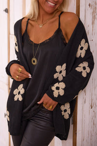 
Women's Cozy Black Floral Print Knitted Cardigan - Open Front, Loose Fit for Casual Outings and Layering