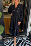 Elegant Women's Black V-Neck Maxi Dress with Smocked Detail, Leopard Trim, and Stylish Bracelet Sleeves
