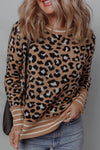 Trendy Women's Brown Leopard Print Sweater with Buttoned Sleeves and Stylish Striped Edges for a Chic Look