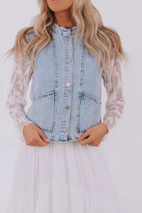Beau Blue Scalloped Trim Patch Pocket Button Front Denim Vest