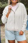 Plus Size Women's Cozy Khaki Stripe Hooded Knit Zip-Up Cardigan for Effortless Style and Comfort