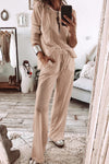 Cozy Women's Parchment Textured Long Sleeve Lounge Set with Pants - Stylish Casual Outfit for Relaxation and Comfort