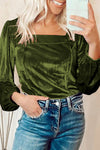 Chic Women's Fern Green Velvet Ribbed Top with Puff Sleeves and Slim Fit for Effortless Everyday Style