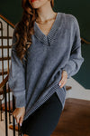 Women's Relaxed Fit Navy Blue V-Neck Knit Sweater with Drop Shoulders and Exposed Seams - Mineral Wash Style
