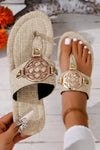 Women's Stylish Beige Leather Thong Slippers with Metal Accents - Comfortable Summer Footwear for Effortless Chic