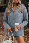 Women's Medium Grey Ribbed Knit Shacket with Button Front & Flap Pockets - Stylish Casual Layer for Effortless Layering