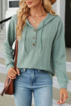 Mint Green Long Sleeve Hooded Top for Women with Textured Fabric, Button Front & Adjustable Drawstring for Comfort
