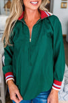 Trendy Women's Evergreen Striped Long Sleeve Blouse with Zip Split Neck & Stylish Patchwork | Versatile Everyday Top