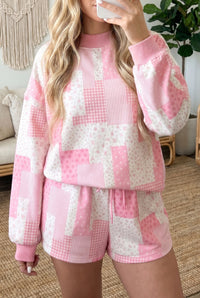 Women's Casual Light Pink Floral Pullover & Drawstring Shorts Set - Comfortable Baggy Lounge Wear for Relaxed Days