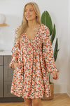 Beige Floral Babydoll Dress for Women with Deep V Neck, Smocked Bust, and Bubble Sleeves - Perfect for Spring Outings