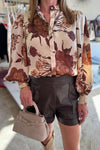 Chic Women's Brown Floral Print Poet Sleeve Shirt - Stylish Button-Down Top for Effortless Casual Elegance