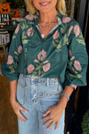 Women's Green Floral Print Blouse with Frilled Collar, Bracelet Sleeves, and Tie Neck Detail for a Chic Look