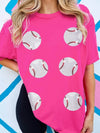 Rose Red Sequin Embellished Baseball Theme Tee