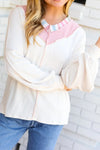 Chic Women's White Long Sleeve V-Neck Blouse with Rainbow Stripe Color Block and Trendy Loose Fit