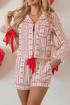 Romantic Women's Red Heart Print Pajama Set with Bow Detail - Cozy 2-Piece Sleepwear for Sweet Dreams