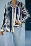 Chic Women's White and Navy Striped Shirt - Comfortable Fit for Effortless Everyday Style and Casual Elegance