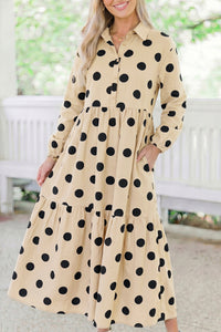 Chic Apricot Polka Dot Long Sleeve Shift Dress for Women - Stylish Button Front Design, Perfect for Casual Outings