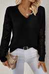 Chic Women's Black V-Neck Sweater with Cozy Pointelle Knit and Trendy Patchwork Sleeves for Effortless Style
