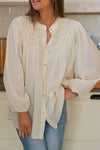 Stylish Beige Floaty Blouse for Women - Smocked Chest, Elastic Cuffs, Loose Fit for Ultimate Comfort