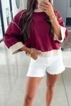 Trendy Women's Red Color Block 3/4 Sleeve Oversized Sweatshirt with Exposed Seams and Unique Patchwork Design