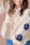 Plus Size Women's Apricot Floral Embroidered Babydoll Blouse with Puff Sleeves and Bow Tie Front Detail