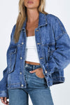 Women's Relaxed Fit Blue Denim Jacket with Chest Pockets and Drop Shoulder for Effortless Casual Style