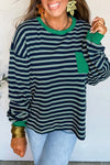 Women's Casual Crew Neck Long Sleeve Top - Green Stripe Ribbed Color Block with Patch Pockets for Everyday Wear