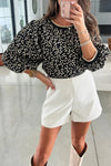 Chic Women's Black Leopard Print Blouse with 3/4 Puff Sleeves and Contrast Trim - Stylish Versatile Top for Any Occasion