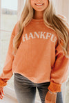 Cozy Women's Orange THANKFUL Graphic Sweatshirt - Relaxed Fit Corded Style for Casual Comfort and Everyday Wear