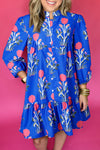 Women's Blue Floral Ruffle Hem Dress with Button Detail & 3/4 Puff Sleeves - Perfect for Spring & Summer Events