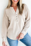 Beige Relaxed Fit Women's Twisted Ribbed Long Sleeve Top with Half Buttons - Chic Casual Style for Everyday Wear