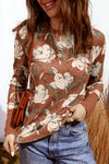 Women's Waffle Texture Khaki Floral Print Long Sleeve Top - Chic Casual Style for All Seasons
