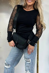 Elegant Women's Black Ribbed Knit Long Sleeve Top with Sheer Lace Accents and Round Neck for Chic Style