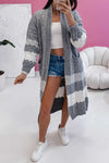 Cozy Women's Gray Color Block Long Cardigan with Side Pockets - Stylish Open Front for Effortless Casual Wear