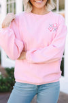 Cozy Women's Oversized Pink Sweatshirt with 3D Ribbed XOXO Heart Embroidery for Casual Style and Comfort