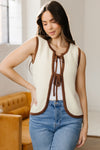Stylish Women's White Ribbed Knit Sweater Vest with Contrast Trim and Ties - Cozy Layering Essential for Every Season